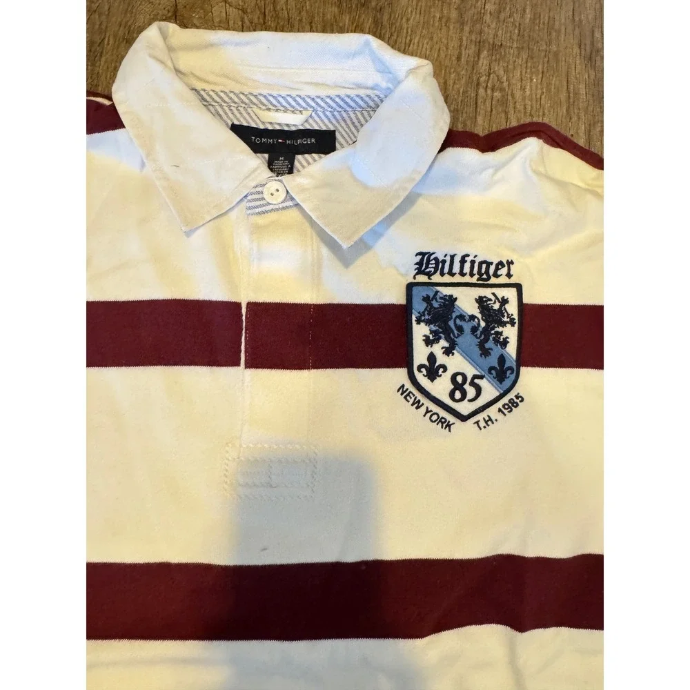 Tommy Hilfiger Mens Rugby Polo Shirt White Burgundy Striped Crest Logo Size M - Picture 3 of 4